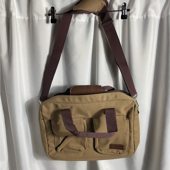 BataRusso Tan Canvas Messenger Laptop Bag Brown Strap Travel Work Tote 15" - Picture 1 of 8